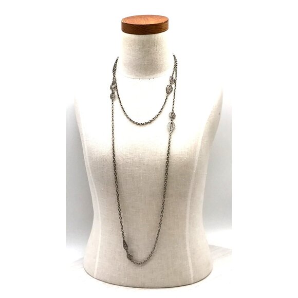 Vintage Silver-Tone Long Layered Necklace With Decorative Openwork Teardrop & Ov - Picture 5 of 5